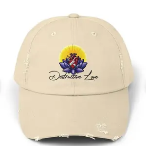 Distressed Cap with "Destructive Love" Design and Floral Motif