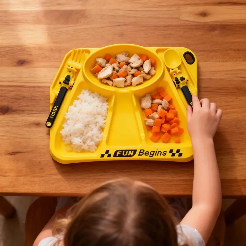 Children's tableware set including cartoon racing car plate + fork and spoon, separate feeding bowl with suction cup for infants, anti-slip plate, and a set of children's cartoon racing car plate, fork, and spoon