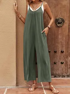 Women's Casual Wide Leg Romper, Backless Design, Italian Noodle Straps, Dual Pockets, Spring Summer Essential, Comfortable Outdoor Wear
