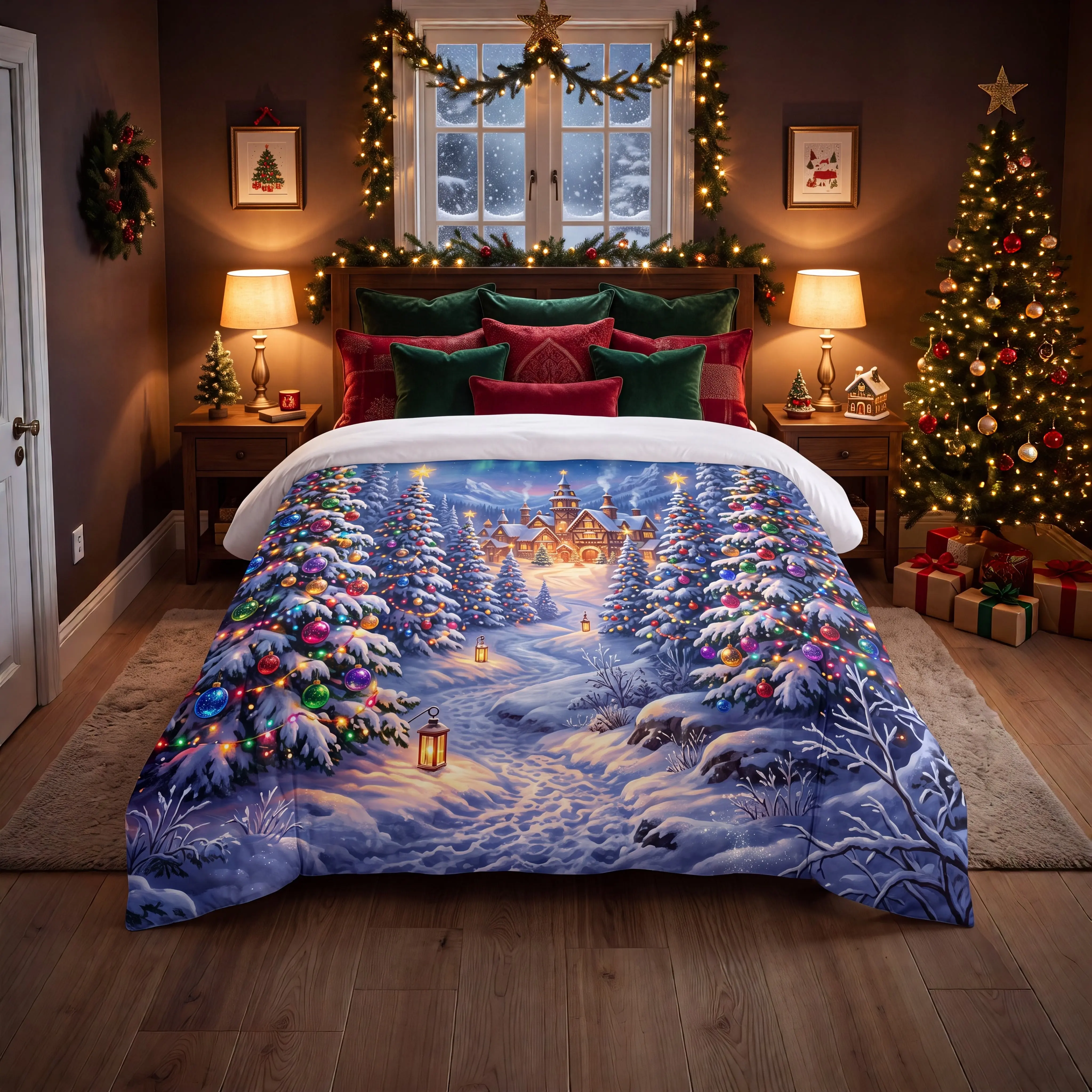 Lightweight Polyester Fiber Christmas Quilt - Forest Scene Design, Multi-Color Snowy Holiday Village Bedding, Single Unit, Lightweight Quilt