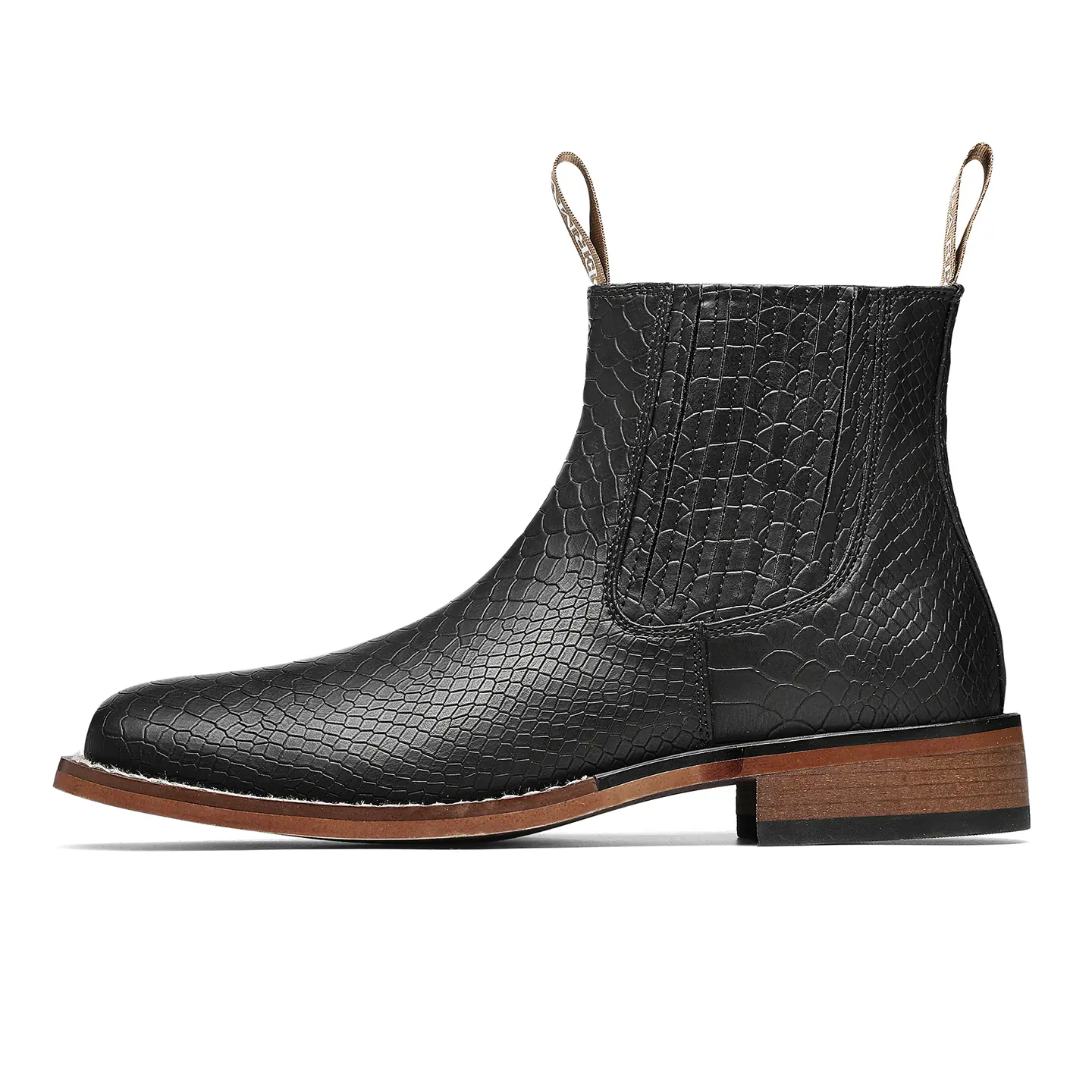 Men's Snake Embossed Chelsea Boots - Hand-Finished Vintage Patina Sole, Premium Leather, Dual Pull Tabs+Bilateral Elastic Stretch Bands, Stacked Wooden Heel - Dress Casual Ankle Boots for Men