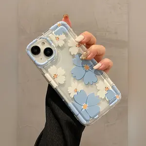 Transparent Flower-Print TPU Casing, Shockproof Airbag Cover, Shock-Absorbing Anti-Drop Handheld Device Guard for iPhone 7/8/7Plus/8Plus/11/12/13/14/15