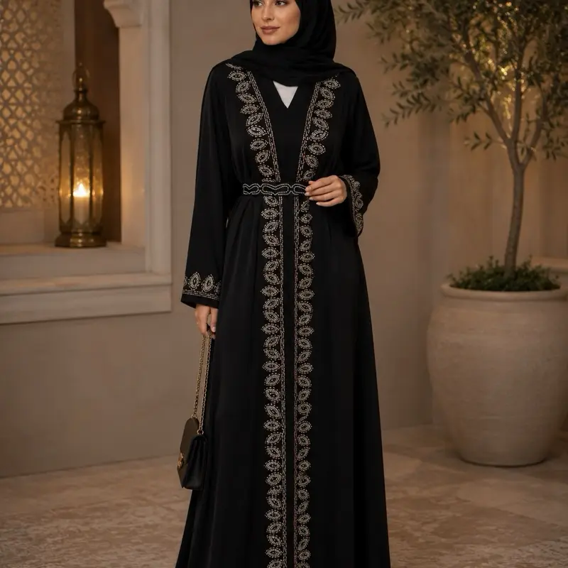 #37 Dubai Luxury 1-Piece V-Neck Long Sleeve Beading Abaya with Matching Hijab, Cute Design, Hijabi Fashion