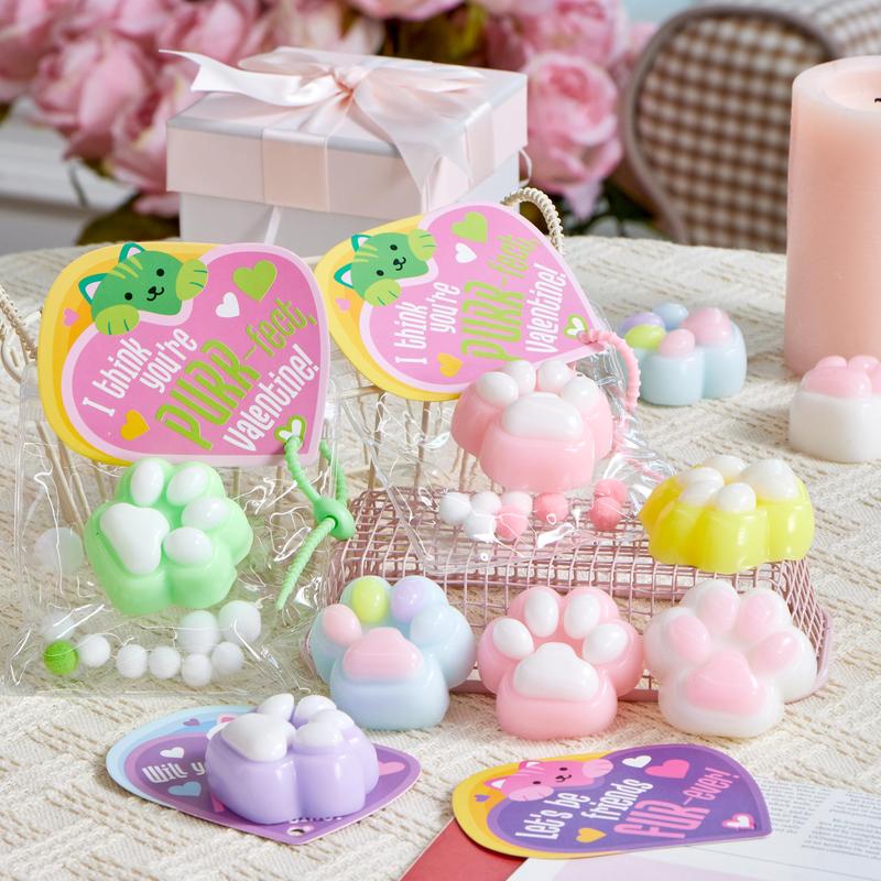 JOYIN Valentine's Day 2" Cat Paw Fidget Toys 24 PCS with Cards Mochi Toys for School Classroom Exchange Gifts Party Favors Stress Balls Keychain for Kids Boys Girls