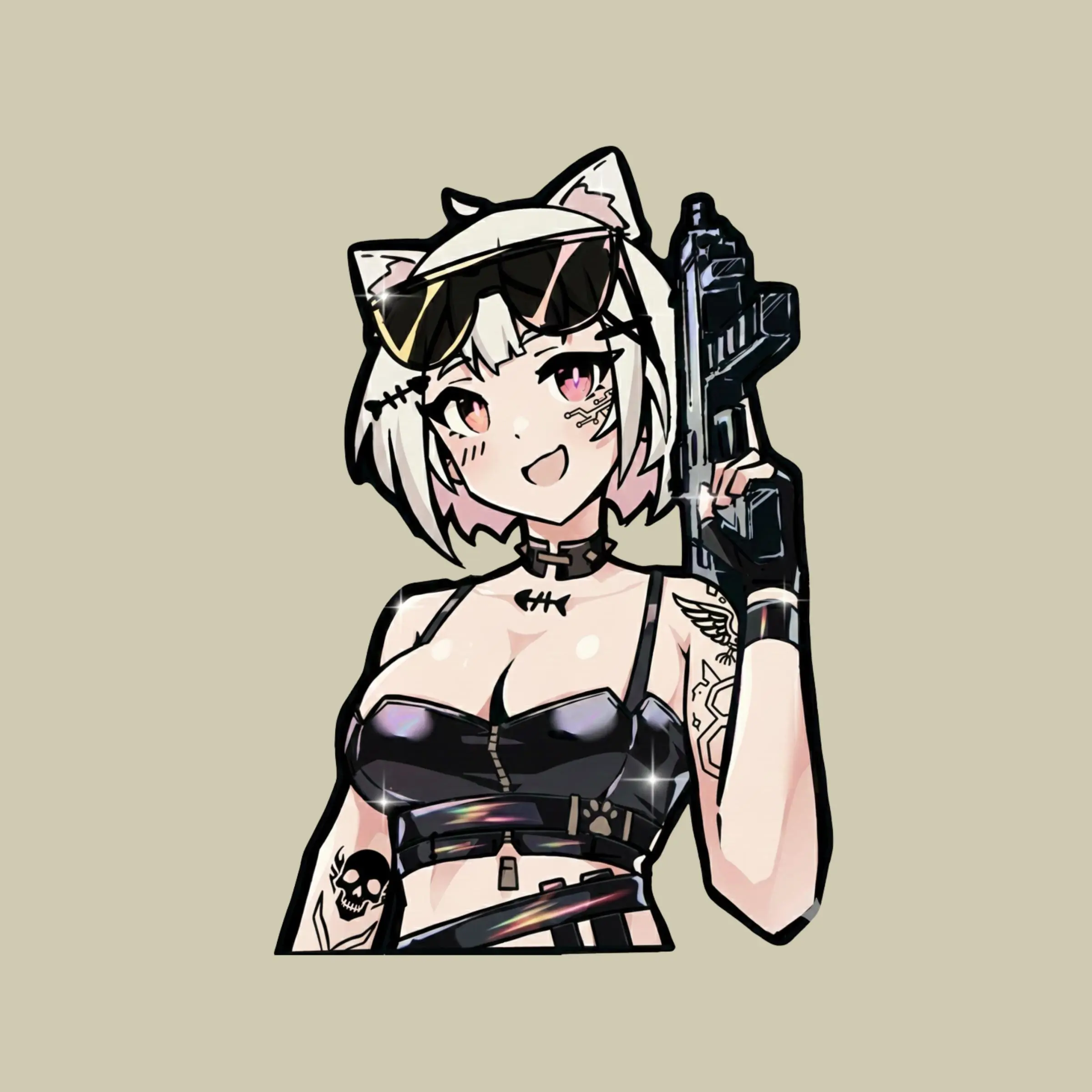 Anime Cat Girl Tactical Sticker,  Cute Armed Neko Waifu, Black Outfit Decal