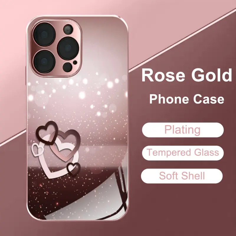 Rose Pink Heart Pattern Metallic Paint Glass Phone Cover - Anti-Drop, Fingerprint-Resistant, Skin-Friendly Casing for iPhone 17,16,15,14,13,12,11 Series - Protective Mobile Phone Accessories, Ideal Gift for Friends