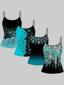 Lake Blue Floral Leopard Print Strappy Top, Summer Home Sleepwear Outerwear, Unique Slim Fit Shirt Set of Four Pieces