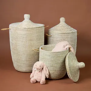 White Handwoven Wicker Baskets with Hooded Lids