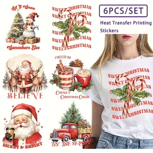 6pcs/set Christmas Candy Picture Thermal Heat Transfer Sticker DIY Washable Print-On T-Shirt Iron On Patches Reality Printing Effect Stickers Cloth Decor,  Clothing Decoration| Imaginative Designs | Durable Heat Transfe