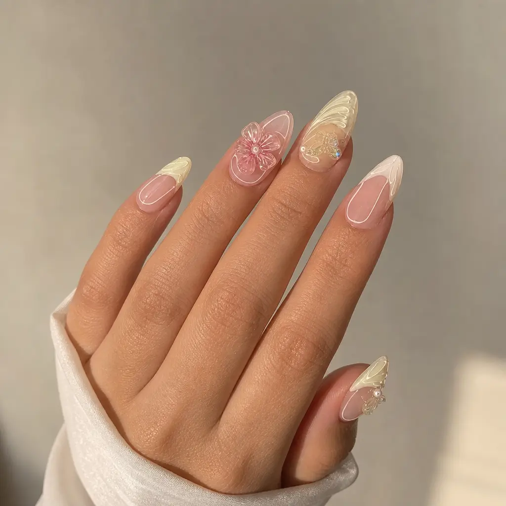 Mermaid Shell French Tip Press On Nails Medium Almond – 3D Seashell Nude Pink Fake Nails with Gold Beads, Glossy Reusable 24Pcs Nail Kit for Party & Wedding