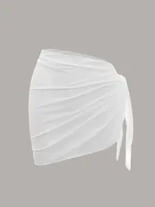 Swim Basics Summer Beach Swimsuit Cover Solid Ruched Knot Side Cover Up Skirt