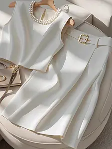 Women's Skirt Set with Fashionable Chic Midi Skirt & Sleeveless Short Top, Perfect for Daily Wear & Trendy