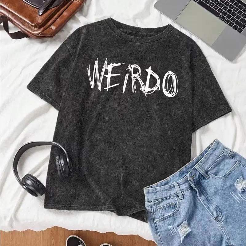 Plus Size Oversized Casual Fit Short Sleeve T‑Shirt, "WEIRDO" White Letter Print, Quirky Gothic Style Tee, Machine Washable for Festival & Daily Casual Outfits, Funny Gift Idea