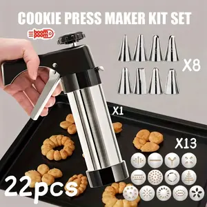 22pcs Cookie Press Extruder, Cream Piping Gun, Piping Nozzle for Melted Beans, Baking Tools, Including 13pcs Flower Shape Disc + 8pcs Piping Nozzle + 1pc Press Gun, Is a Must-Have Kitchen Tool for Halloween, Christmas And Valentine'S Day Ba