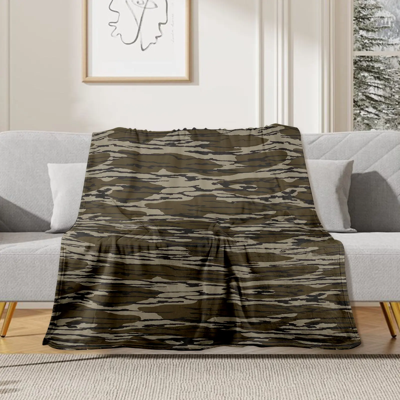 1pc 280gsm Home Camouflage Brown Wood Texture Natural Neutral Tone Pattern Large Flannel Blanket for Sofa Bed Car Outdoor Garden Warm soft warm cozy throw blanket