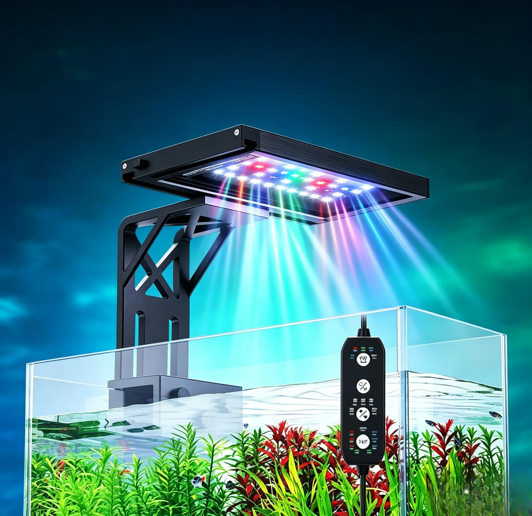 Seaoura Clip-On Aquarium LED Light - 14W, 24/7 Lighting, Sunrise-Daylight-Moonlight/DIY Modes, Adjustable Timer/Brightness, 7 Colors, Slim Aluminum Body Cleans Easily, 2.67in Height, 3.9in Width, Fits <0.9in Thick Small Tanks for Planted Aquatic Pets