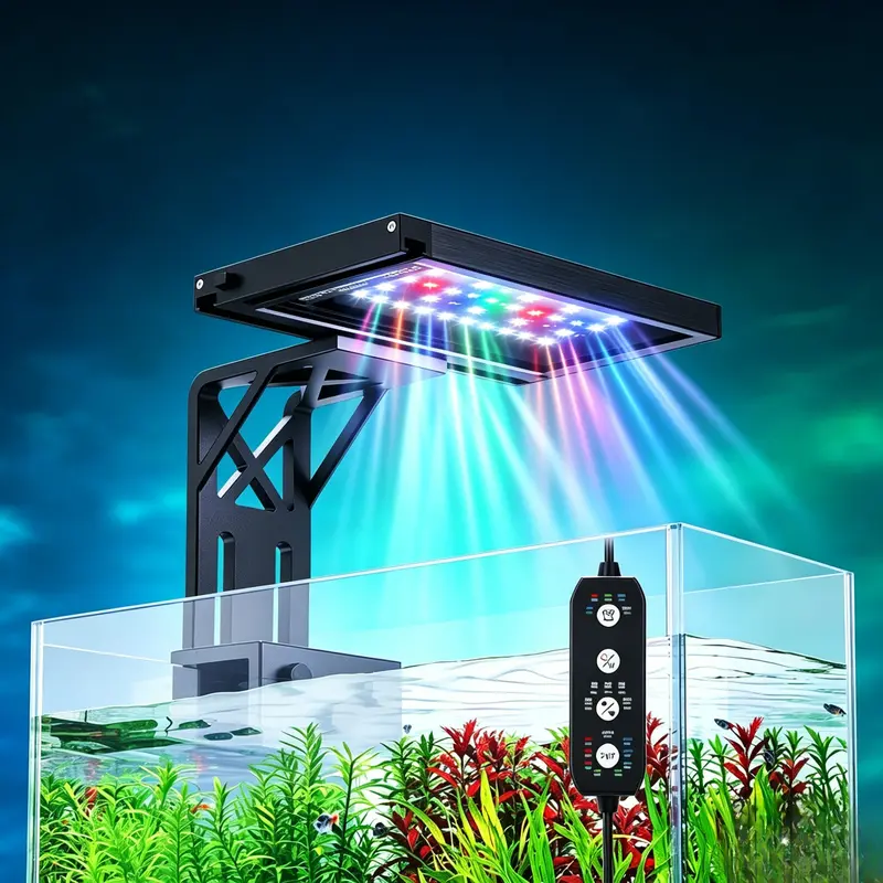 Seaoura Clip-On Aquarium LED Light - 14W, 24/7 Lighting, Sunrise-Daylight-Moonlight/DIY Modes, Adjustable Timer/Brightness, 7 Colors, Slim Aluminum Body Cleans Easily, 2.67in Height, 3.9in Width, Fits <0.9in Thick Small Tanks for Planted Aquatic Pets