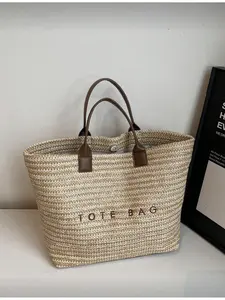 New Fashion Large Capacity Letter Decor Woven Straw Handbag Multi-functional Commuter Casual Vacation Beach Travel Office Tote Bag Fashionable Bags
