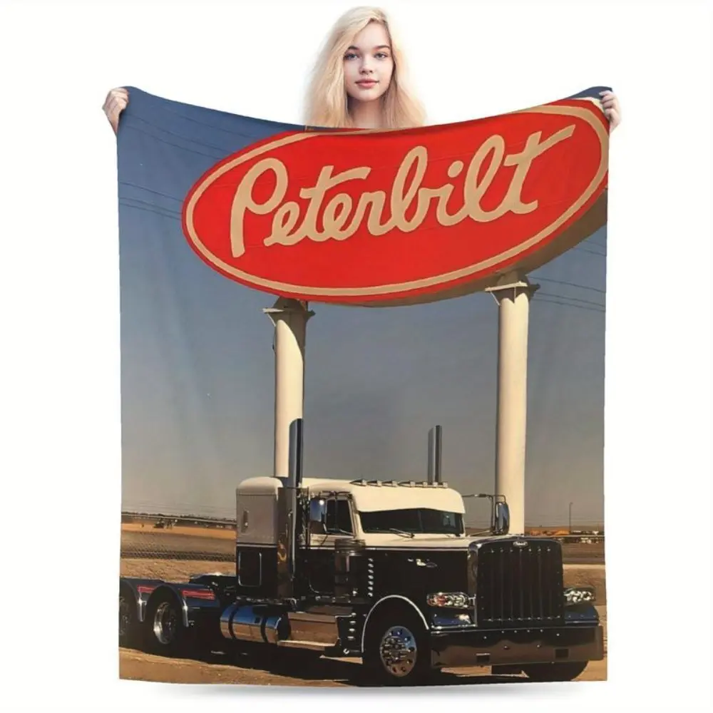 1pc Peterbilt Truck Logo Flannel Blanket - All-Season Soft and Warm Camping Home Gift |   Sturdy and durable red-yellow design, suitable for truck enthusiasts, camping accessories summerwins