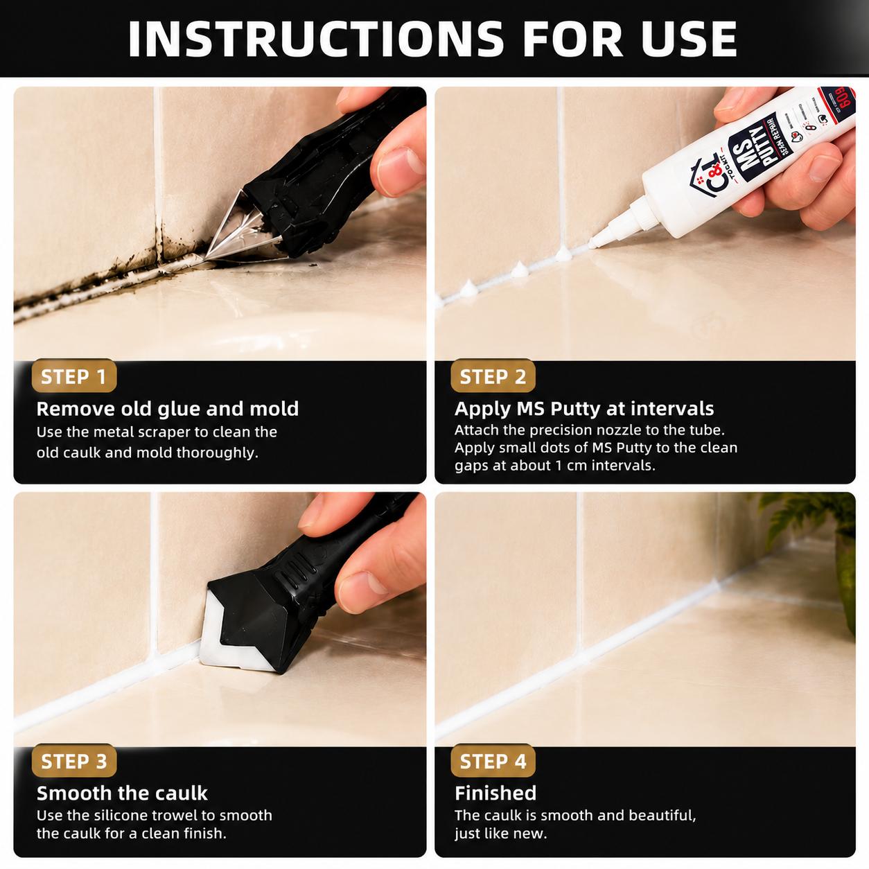 Professional 3-in-1 Silicone Caulking Tool Kit and 2 MS putty tubes– Remove Old Sealant & Create Perfect Smooth Edges - Caulk Removal & Finishing Tool, 2 addtional MS putty tubes, value pack.