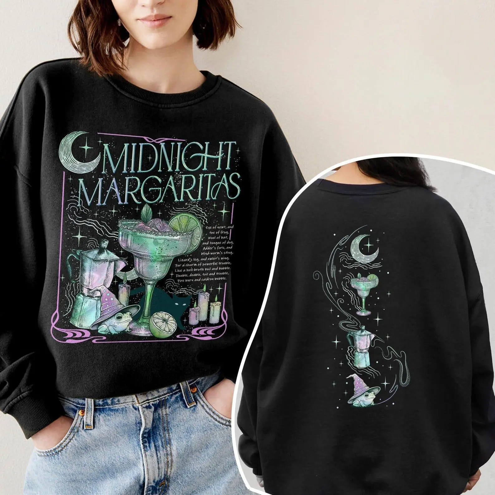 Midnight Margaritas Halloween Sweatshirt, Witchy Tequila Graphic Crewneck, Spooky Season Drinking Pullover, Retro Cocktail Witch Fall Gift