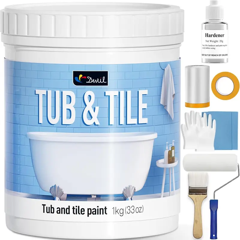 Tub and Tile Refinishing Kit, Quick-Dry Tile Paint for Wall & Floor, Sink Bathtub Paint for Bathroom, Kitchen, Toilets, Water Based, Semi-Gloss White, 50-55sq.ft, 33oz