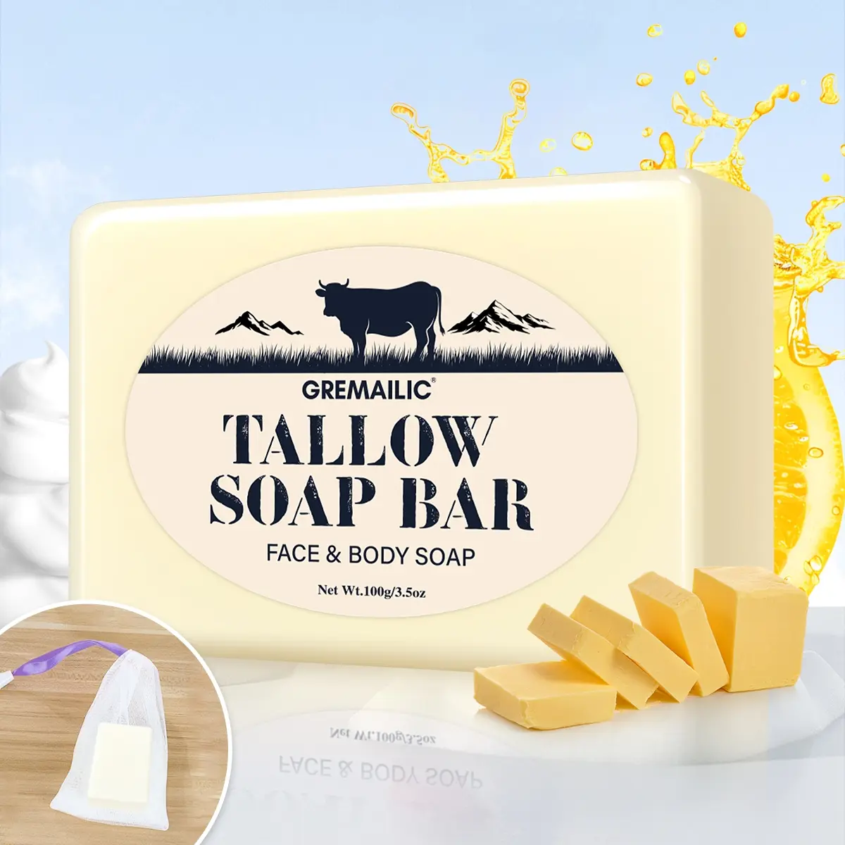 Gentle for all skin types, this 100g Unisex Tallow Soap Cleanser, Gentle Cleansing Soap, is non-alcoholic and infused with Kojic Acid. Includes a foam net and is safe for use on face, body, hair, etc. - a great holiday gift