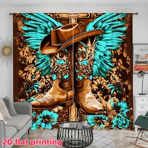 2D Flat 2Pcs Country Western Cowgirl Cowboy Boots with Feather Hat Print Curtain Panels, Boho Floral Pattern, Pole Pocket Style, Semi Sunshade Polyester Fiber, for Home Living Room Bedroom Balcony Kitchen Study Window Decoration, Accessory, A