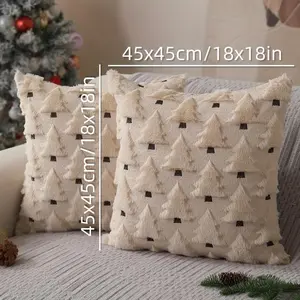 Set of 2 Christmas Pillow Covers 18x18 inch Beige Christmas Tree Throw Pillow Cases Decorations Creative Decorative Cushion Soft Plush Faux Fur Wool Pillow Covers Winter Holiday Decor for Sofa Living Room