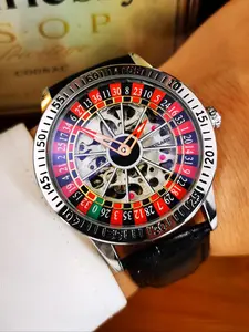 1pc Fashion Casual Skeleton Automatic Mechanical Watch for Men Rotating Design Luminous Hands Leather Strap Business Luxury Mens Watches Festival Birthday Gifts With Box