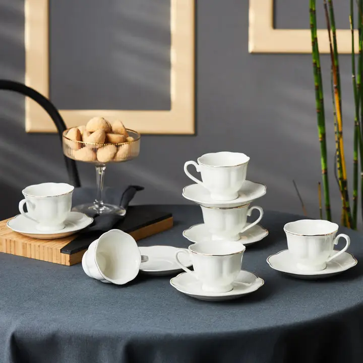 Karaca Can 12-Piece Porcelain Turkish & Espresso Coffee Cup Set for 6, 90ml, White Gold Design