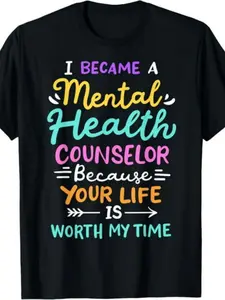 Mental Health Counselor T-Shirt | , Short-Sleeved, Crew Neck, Regular Fit, Vintage Style, Drawing Pattern, 220G Fabric, Suitable for All Seasons