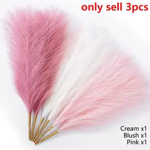 3pcs Pampas Grass Pink 17inch 21 branches Artificial Pampas Grass Faux Pink Pompas Grass Decor, Short Pompous Grass Blush Room Decoration, Wedding Centerpieces Mothers Day Pink Home Decor Artificial Plants