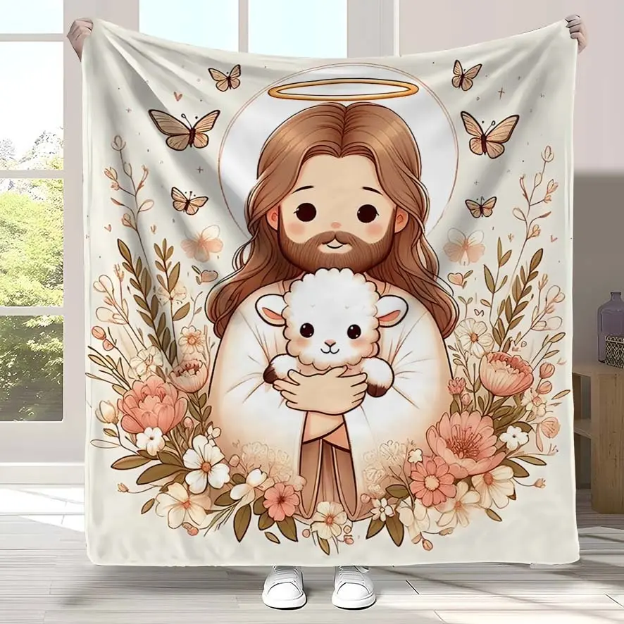 Ultra-Soft Breathable Multi-Size Modern Polyester Flannel Religious Throw Blanket, Watercolor Jesus Lamb-Floral-Butterfly Print, Machine Washable, Perfect Baptism Gift for Christian Believers, Bedroom Home Decor, Adult, Child