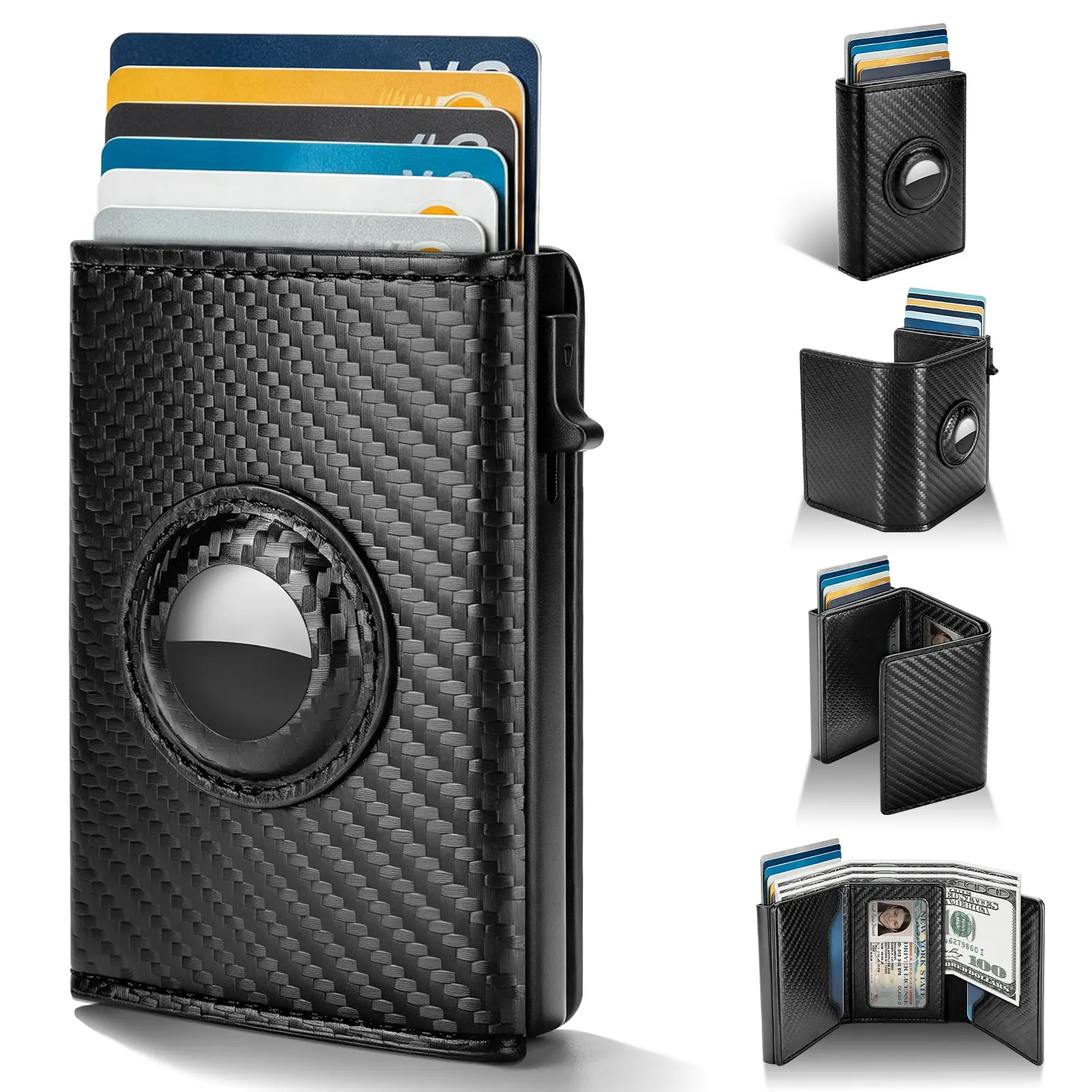 Pop‑Up Card Men Wallet, Carbon Fiber Leather RFID Blocking Slim Card Holder with AirTag Holder, 6‑9 Card Slots ID Window Cash Pocket, Ideal Graduation Gift for Guys