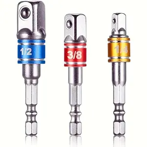 3 Piece Color-Coded Impact Socket Adapter Set, Impact Sockets Set, 1/4", 3/8", 1/2" Hex Handle, Compatible with Radio Drills, Durable Alloy, Square Drive Extension Kit