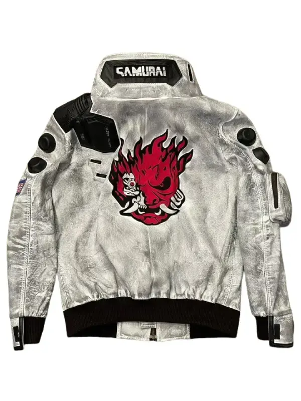 OX and Bulls Handmade Off White V's Jacket 2077 Cyberpunk Inspired Vegan Leather Cosplay Costume for Men Autumn Wear with Samurai Skull Design