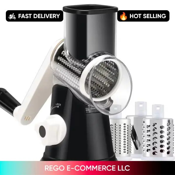 3-in-1 Rotary Cheese Grater, Vegetable Shredder & Nut Grinder with Hand Crank - Heavy-Duty Metal Processor Suitable for Pizza Toppings, Salad Shredding, Hash, Cheese Grating - Compact & Easy to Use (Black)