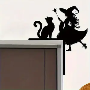 Gothic Witch & Cat Metal Wall Sculpture, Spooky Artistic Painted Iron Decor, Perfect for Halloween & Christmas, Indoor Outdoor New Home Gift, Decoration