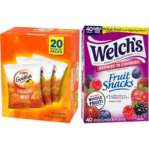 Goldfish and Welch’s Fruit Snacks for Back to School, 1 Box of Goldfish Cheddar Cheese Snack Packs (20 Count) and 1 Box of Welch’s Berries ‘N Cherries Fruit Snack Packs (40 Count)