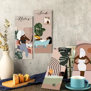 4-piece set of wooden relaxation bath decorative wall decoration, abstract Bohemian-style wooden wall sign, medieval simple plant country-style bathroom wooden sign