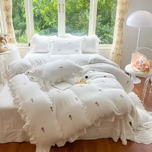 3Pcs Premium Crinkle Fabric Soft Breathable, White Ruffled Bedding Set, Exquisite Floral Embroidery, 1 Duvet Cover + 2 Pillowcases Without Filler, Single Double Queen Size, All Season Machine Washable