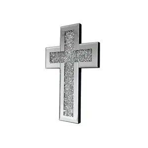 Silver Color Diamond-Embedded Mirror Glass Wall Cross, Shiny Wall Decor Cross, Ideal for Living Room Bedroom Hallway Walls