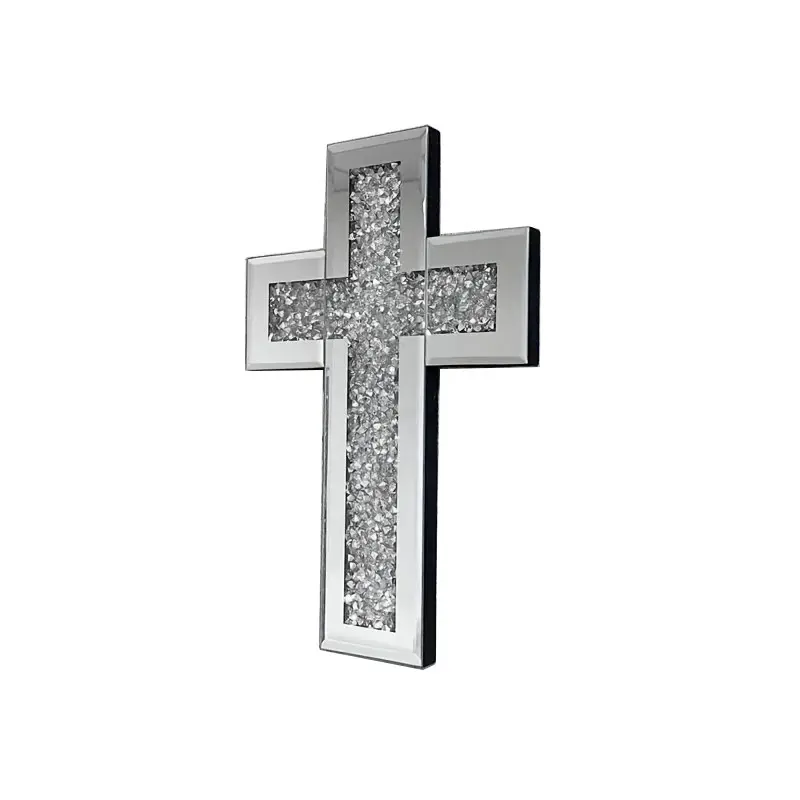 Silver Color Diamond-Embedded Mirror Glass Wall Cross, Shiny Wall Decor Cross, Ideal for Living Room Bedroom Hallway Walls, Ornate Religious Decor, Prayer Room Decor