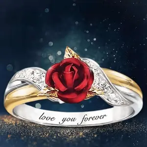 Timeless Elegance, Elegant Red Rose Charm Ring for Women - Vintage-Inspired Copper Band with 'I Love You' Engraving, Perfect for Weddings, Anniversaries & Valentine's Day