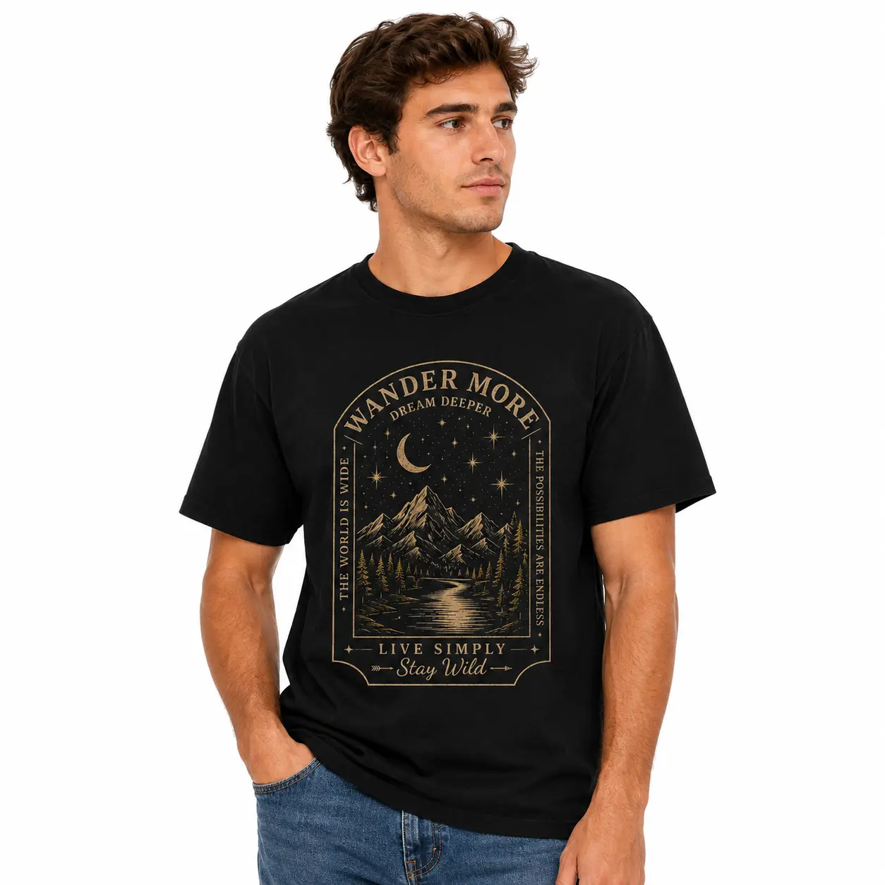 Wander More Stay Wild Mountain Graphic T-Shirt, Vintage Outdoor Adventure Tee, Retro Wilderness Nature Shirt, Hiking Camping Graphic Tee, Black Crewneck Short Sleeve Top, Scenic Mountain Moon Design, Casual Travel Outfit, Nature Lover Gift Unisex Tee