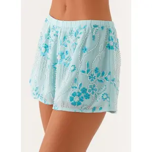 2025 Summer New European and American Women's Clothing Sequins Embroidered Elastic Waist Sexy Hot Girl Shorts Hot Pants Women Floral Pastel Cheeky Bottoms Plus Size Womenswear Gamis Lotus Color