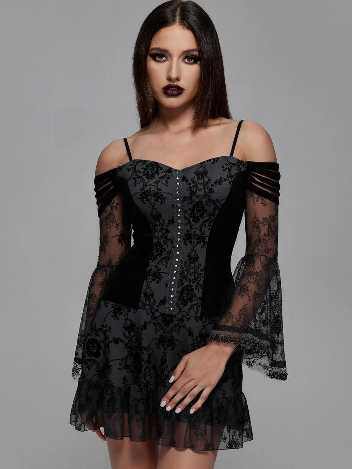 Rgothic Women's Elegant Polyester Gothic Lace Flare-Sleeve Cold-Shoulder Floral Patchwork A-Line Cami Dress with Spaghetti Straps, Versatile for Club Cocktail Parties (Fall, Spring) - TikTok Shop Rgothic Women's Elegant Polyester Gothic Lace Flare-Sleeve Cold-Shoulder Floral Patchwork A-Line Cami Dress with Spaghetti Straps, Versatile for Club Cocktail Parties (Fall, Spring) - TikTok Shop