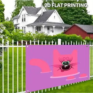 A Decorative Flag with 4 Grommets, Featuring a 2D Digital Print of a Funny Cartoon Cat Pattern. This Backdrop Is Suitable for Both Indoor And Outdoor Home Decoration, Serving As a Banner Or Wall Decor. It Comes in a Pink Cartoon Cat Style, Perfect
