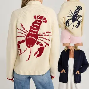 Women's Chic Shawl Collar Cardigan Long Sleeve V Neck Lobster Print Button Down Sweater Knit Tops